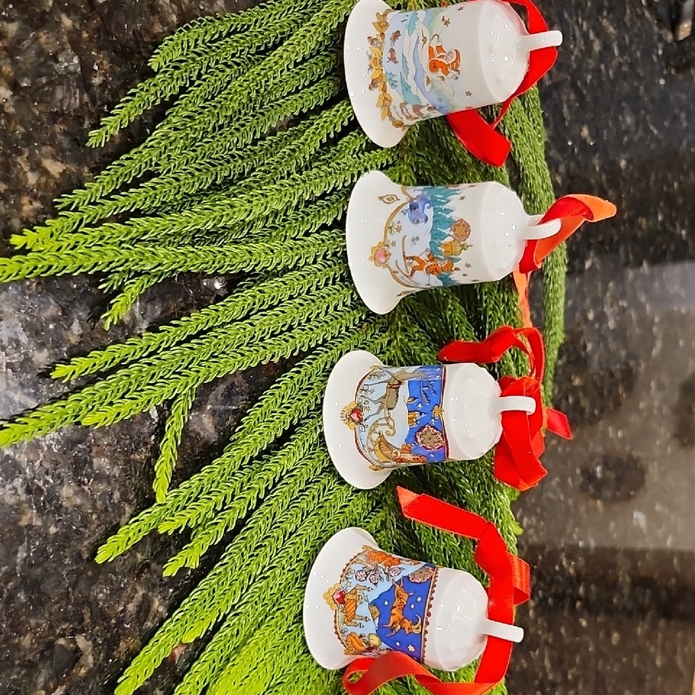 Festive Ceramic Bell Ornaments with Red Ribbons
